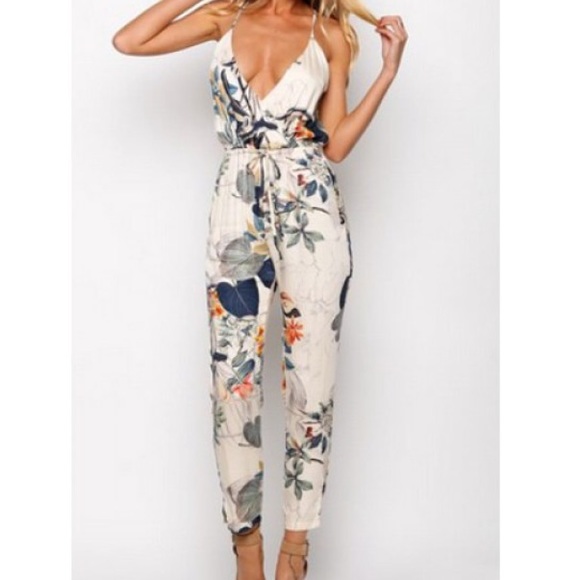 Pants - Tropical Plant Print Jumpsuit